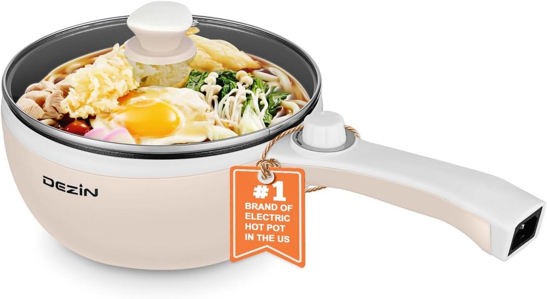 Dezin Hot Pot Electric Upgraded, Non-Stick Saut Pan, Rapid Noodles Electric Pot, 1.5L Mini Portable Hot Pot for Steak, Egg, Fried Rice, Ramen, Oatmeal, Soup with Power Adjustment (Beige)