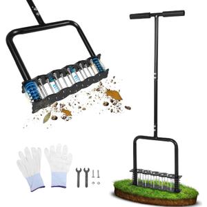 Lawn Aerator Tool with 14 Metal Spikes Manual Yard Aerator with Spring Base & Auto Leaf Cleaning for Soil Aeration, Lawn Care, Grass Health Heavy Duty Aerator for Garden, Backyard, Patio
