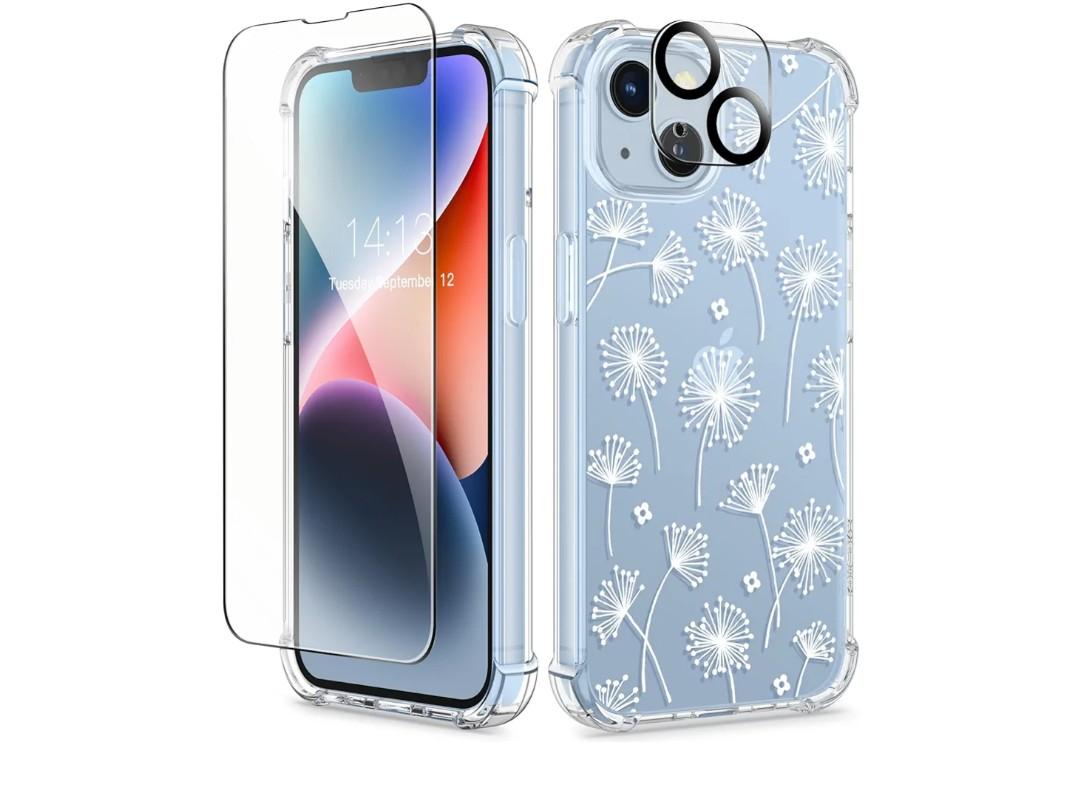 GVIEWIN for iPhone 14 Case Floral, with Screen Protector & Camera Lens Protector,[Non Yellowing] Soft Shockproof Clear Phone Protective Cover for Women, Flower Pattern Design 6.1"(Dandelion/White)