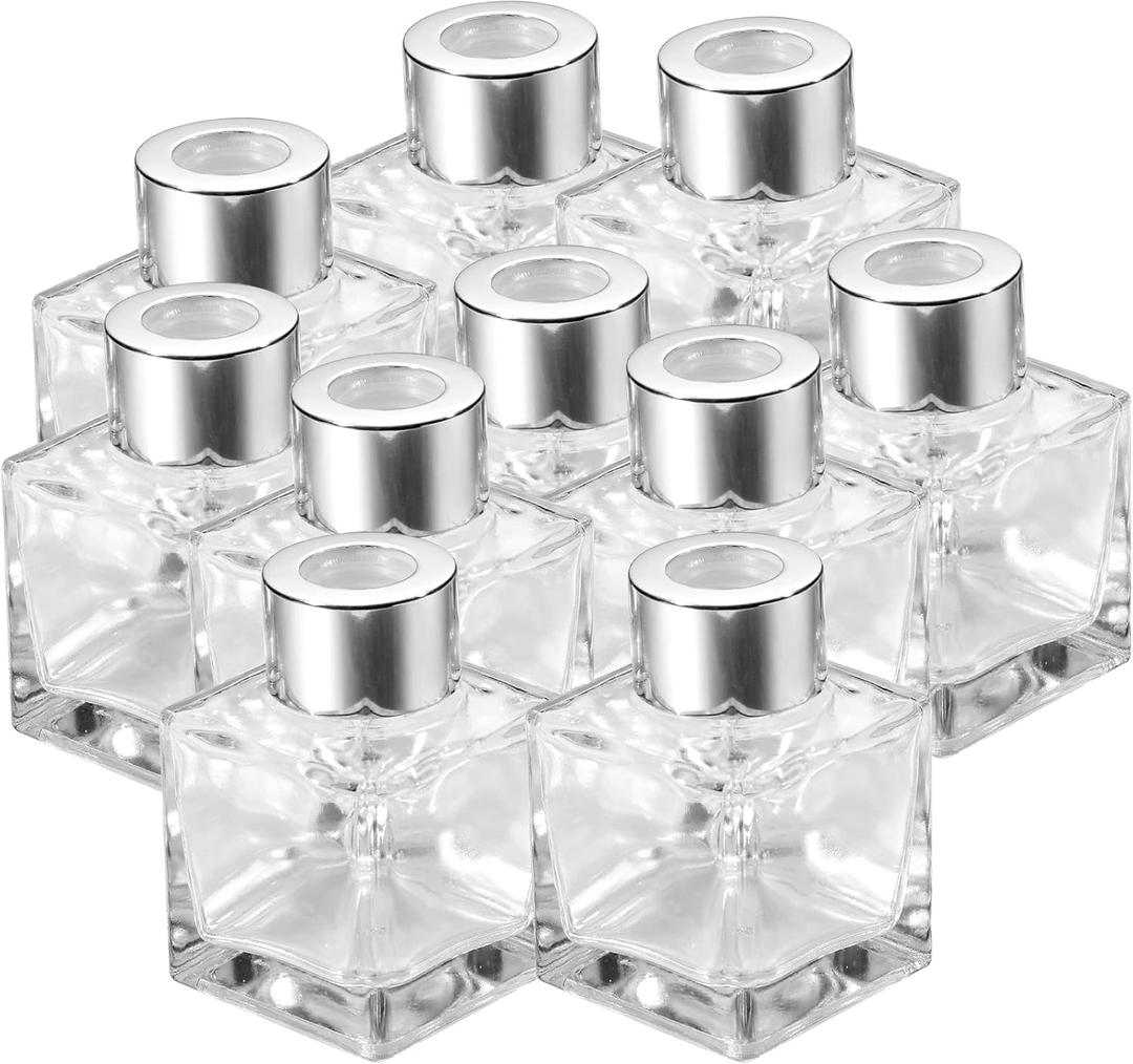 Sabary 20 Set Square Glass Diffuser Bottles with Silver Caps Refillable Diffuser Bottles Set 1.7oz Empty Aromatherapy Jar Ideal for Essential Oils Reed Sticks Home Fragrance