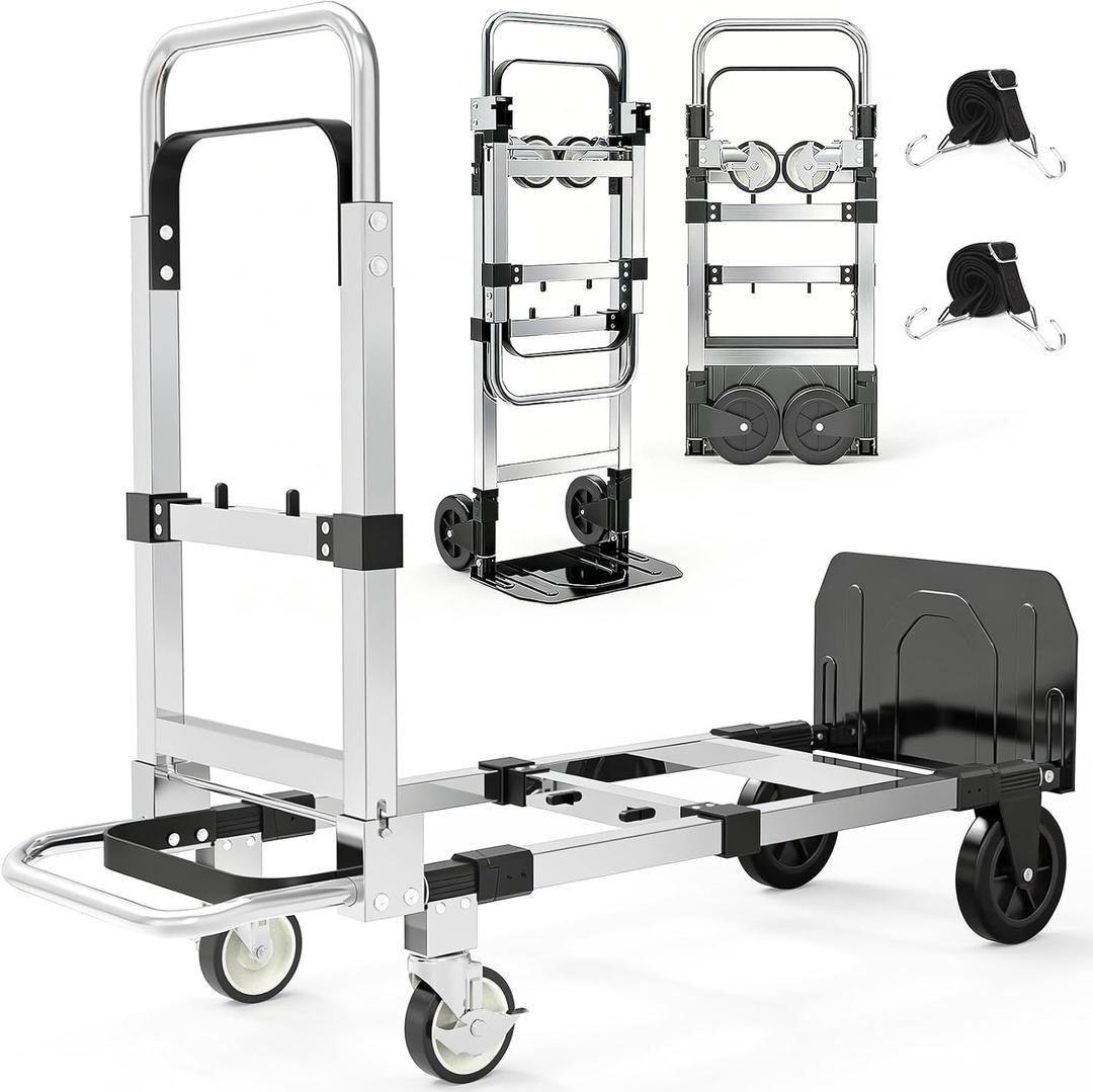 3 in 1 Aluminum Hand Truck Foldable, 500 lbs Convertible Dolly, Collapsible Dolly Cart with 4 Rubber Wheels, Portable Trolley with Retractable Handle for Moving/Office/Home/Warehouse(Black Silver)