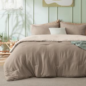 Bedsure Queen Size Comforter Set, Reversible Khaki Soft Prewashed Bedding for All Seasons, 3 Pieces Warm Down Alternative Bed Set, 1 Lightweight Comforter (90"x90") and 2 Pillowcases (20"x26")