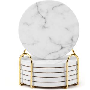 White Marble Coasters for Drinks Set of 6 PCs with Holder, Absorbent Ceramic, Home Dcor, Cup Coasters for Living Room and Kitchen, Accessories for New Home(01)