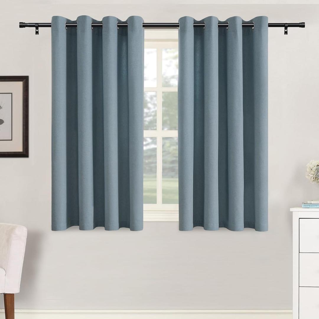 H.VERSAILTEX Grommet Natural Linen Textured Kitchen Curtains 45 inch Length, Thick Faux Linen Room Darkening Window Treatment Set for Farmhouse/Bedroom 52W x 45L,2 Panels,Heather Stone Blue