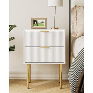Night Stand, Modern Nightstand with Drawers, Bedside Table, Gold Small Side Table for Bedroom, Living Room End Table (White Stripe, 2 Drawers)