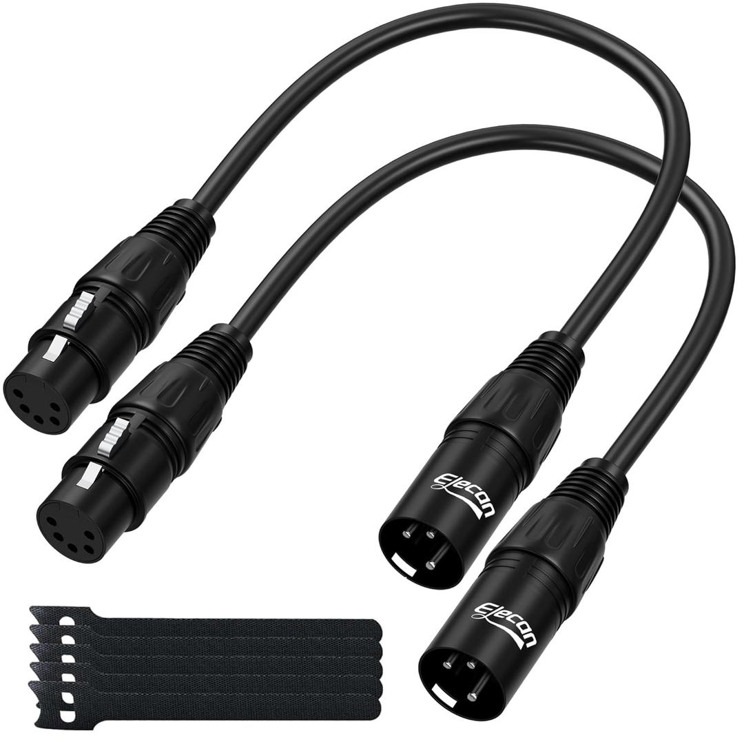 Elecan 5 Pin DMX512 Female to 3 Pin XLR Male DMX Turnaround Adapter Cable 0.5 Ft/2 Pack, Premium Signal Transmission for Microphone Audio Stage Lighting & Controller, Flexible Durable, Black + Ties