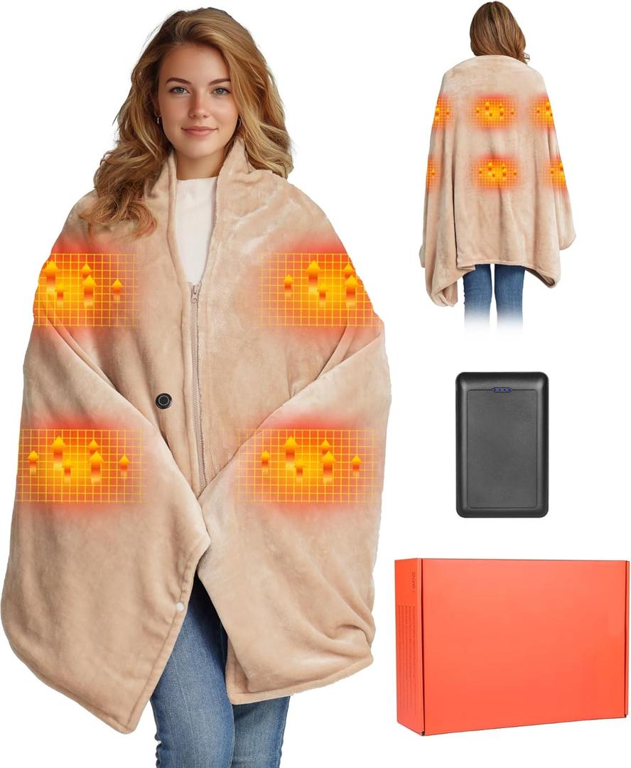 Heated Blanket Battery Operated with Fleece Lining 7.4V 16000mAh Battery 62" x 35" Heated Shawl Wraps for Women Men Cordless USB Outdoor Portable Electric Blanket 6 Heating Zones Khaki