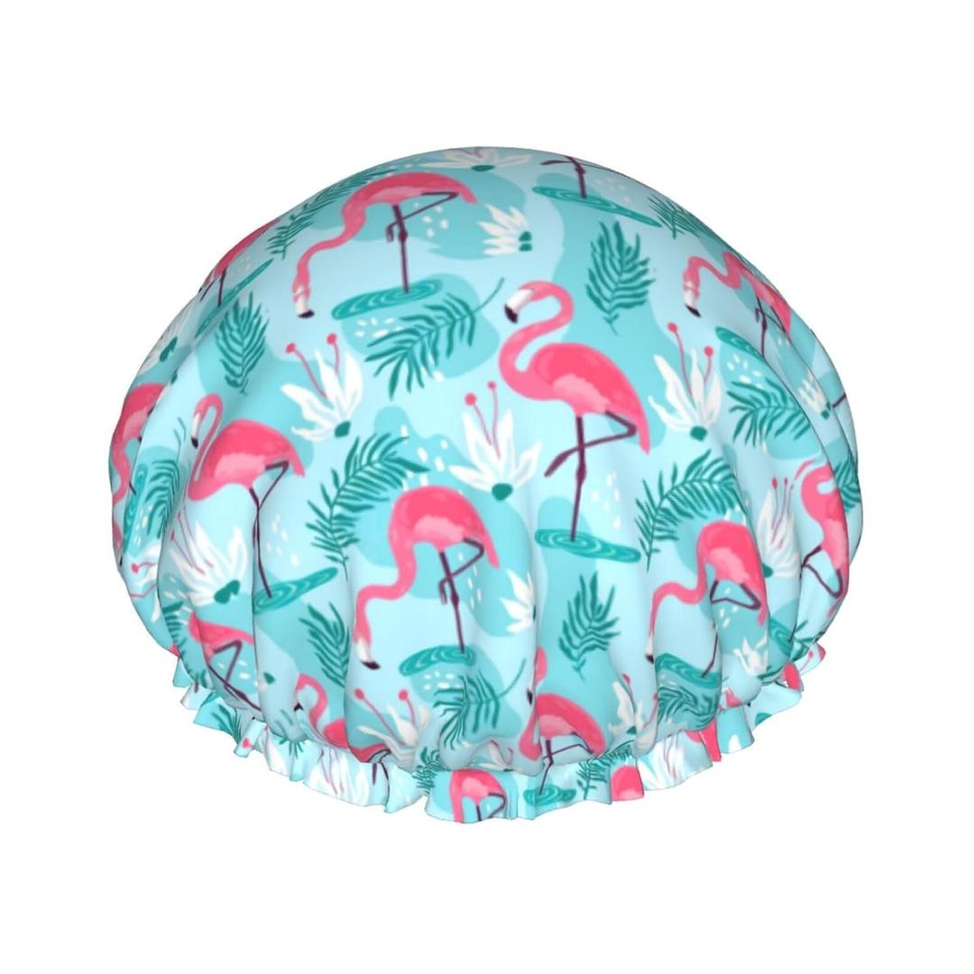 Pink Flamingos Shower Cap For Women Reusable Waterproof Double Layers Bath Cap Hair Protection Elastic Ladies Spa Salon Shower Hat