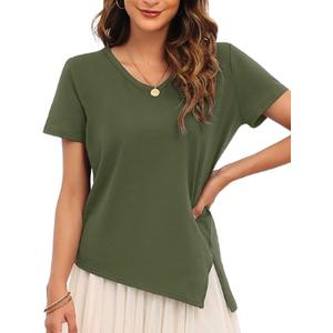 Womens Loose Fit Crew Neck T-Shirts Summer Split Asymmetry Short Sleeve Tee Shirt Plain Outfit Tops (Green, XL)