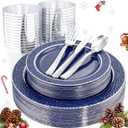 Ciaell 150 PCS Blue and Silver Plastic Plates - Blue Disposable Plate include 50 Plates, 25 Knives, 25 Forks, 25 Spoons, 25 Cups for Weddings & Party & Christmas