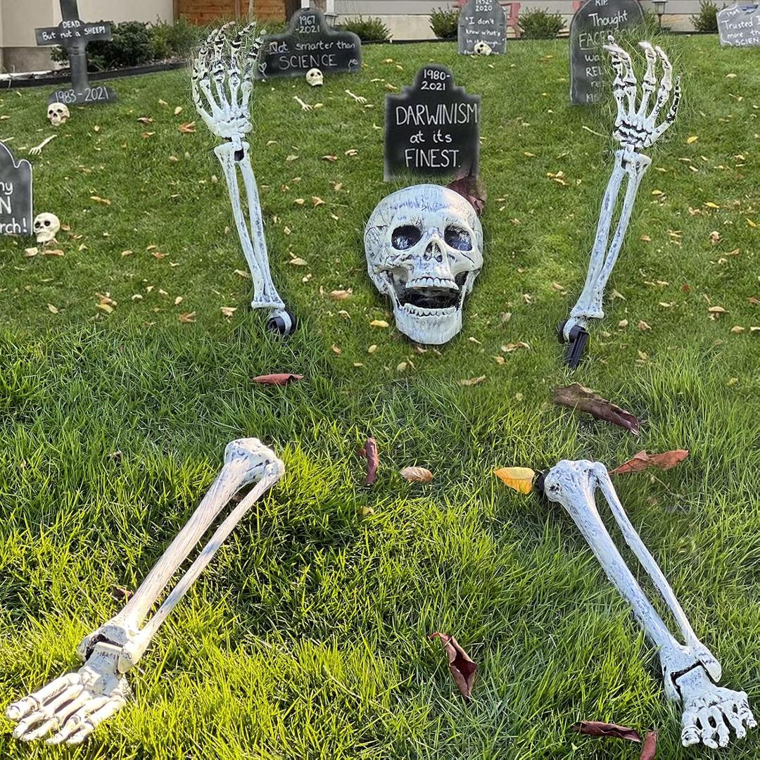 Halloween Skeleton Stakes Decorations, Realistic Skeleton Halloween Decor, 2022 New De‘Sign Halloween Skeleton Head and Arms with a Stake for Halloween Yard Scary Skeleton Decor (5pcs)