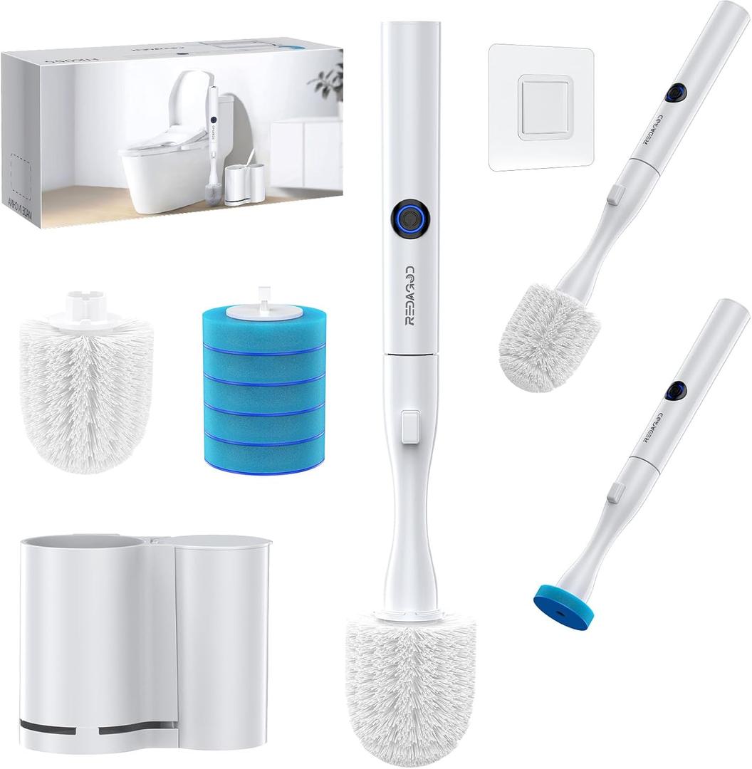 Electric Toilet Brush and Holder Set, Redagod Multi-function Toilet Bowl Cleaners with Solid Handle and Durable Bristles Easy Deep Cleaning for Bathroom,Rechargeable,5 Refills Disposable Cleaner Brush