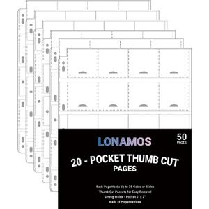 50-Sheets 20-Pocket Thumb-Cut Coin Pages - Coin Pocket Pages for 2 x 2 Inch Cardboard Coin Holders, Collecting Sleeves for Coin Flips, 1000 Pockets for Coin Binder, Coin Collection Storage Supplies