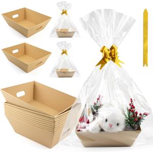 10PACK Empty Gift Basket Set, 11.8x9.8 Thick Kraft Market Tray Gift Basket with 10 Bows 10 Bags Empty Gift Baskets for Christmas Thanksgiving Valentine Easter Wedding Birthday Party Gift Wrapping (Kraft)