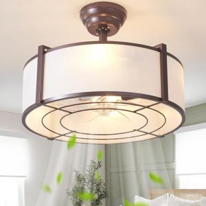 20" Brown Fandelier Ceiling Fans with Lights, Boho Rattan Ceiling Fan with Light Remote Control, Caged Mid-Century Modern with 6 Speeds for Bedroom, Nursery, Living Room