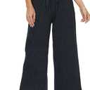 Womens Linen Wide Leg Pants High Waisted Drawstring Loose Pants with Pocket (Blue, S)