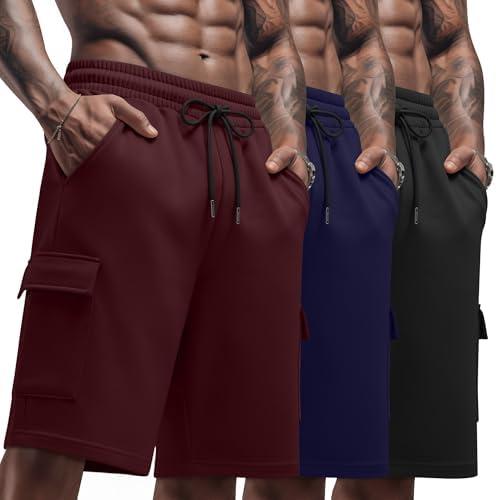 Neer 3 Pack Men's Cargo Shorts Athletic 9" Bermuda Pants with Pockets Knee Length Workout Drawstring Gym Sweat Shorts Summer, XXL