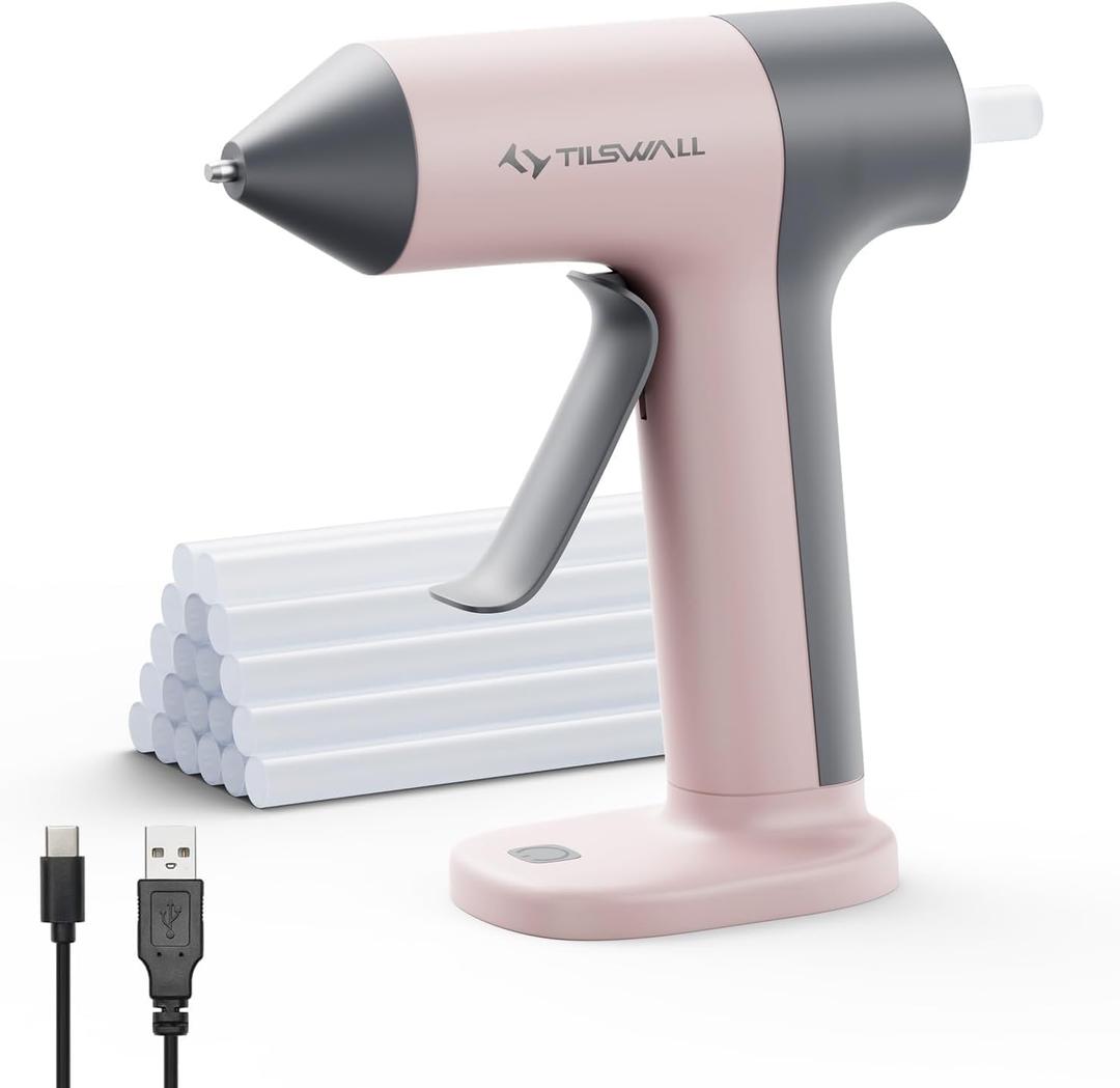 Tilswall Cordless Hot Glue Gun, 30s Fast Preheating with 2Ah Built-in Battery, Hot Melt Glue Gun with 20pcs Premius Glue Sticks, Smart Power-Off, USB-C Inputs Suitable for DIY Craft, Home Repair,  Pink