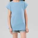 Girls Cap Sleeve T Shirts Kids Summer Crewneck Solid Tops Tees 5-14 Years (Blue)