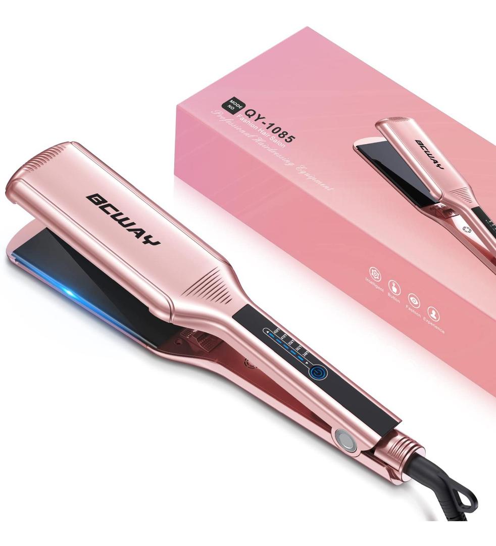 Professional Hair Straightener, 2.16'' Extra-Large Floating Titanium Flat Iron, Anti-Static 30s Instant Heating Straightening Iron with 5 Adjustable for All Hair Types (Pink)