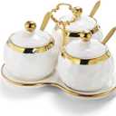 Foraineam Porcelain Condiment Pot Sugar Bowl Spice Jars with Lid, Spoon and Tray, Salt Container Spice Box Seasoning Pots, White Sugar Salt Bowls Set for Kitchen, Restaurant, Coffee Bar, Set of 3
