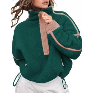 Kumufenc Womens Half Zip Pullover Sweatshirts Fashion Sherpa Fleece Jackets Long Sleeve Workout Hoodies(Pink-green, XLarge)