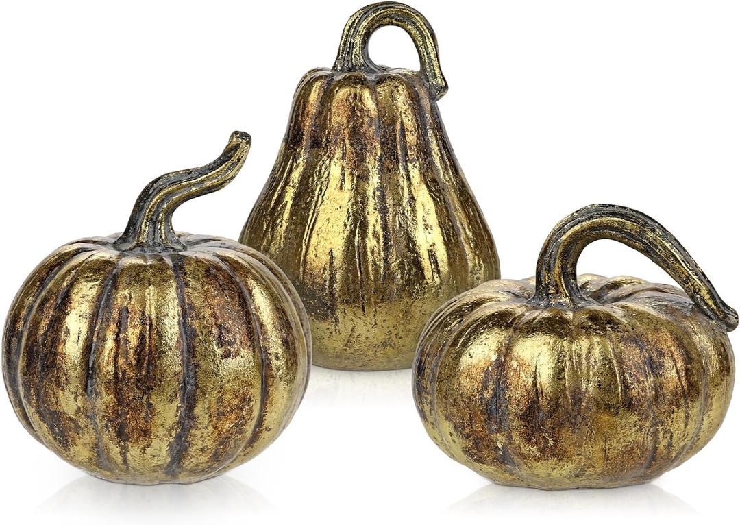 Hollyone Fall Pumpkin Decor 3 PCS Gold Resin Pumpkin Figurines Fake Pumpkins for Decorating Faux Pumpkins Fall Decorations Rustic Farmhouse Home Centerpiece for Thanksgiving Harvest Halloween Autumn