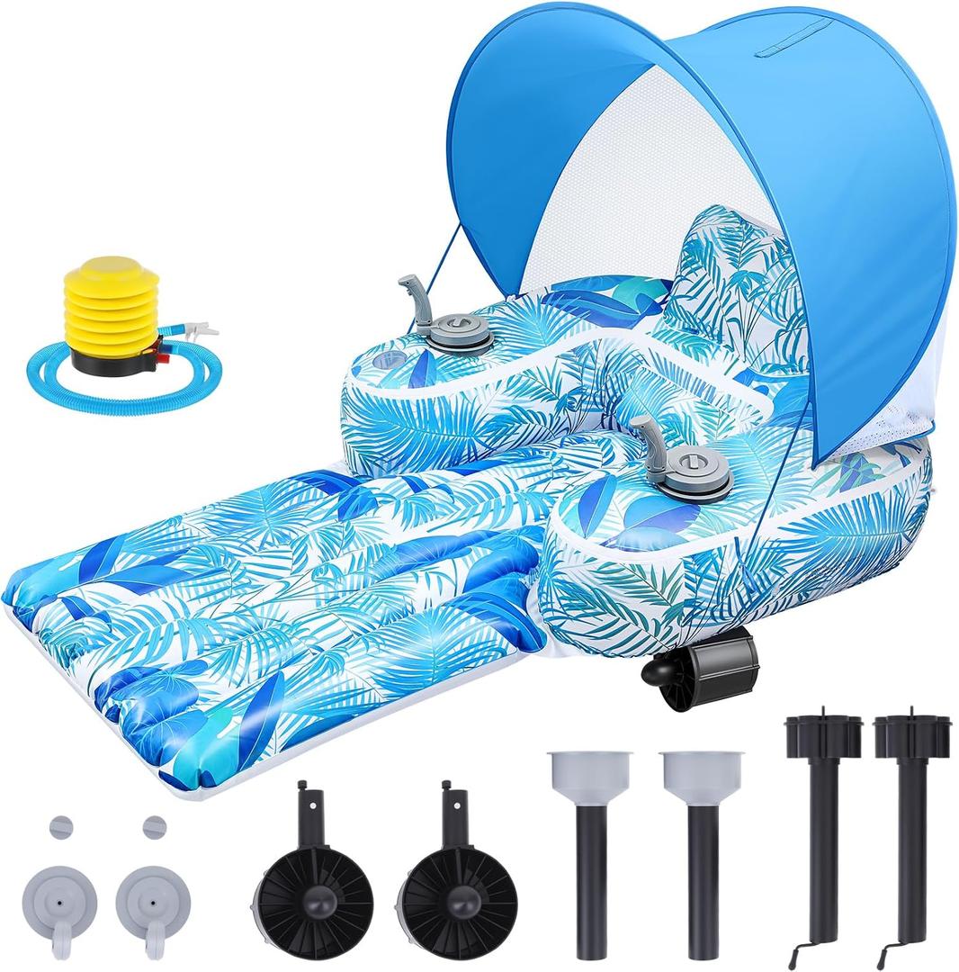Motorized Pool Float for Adults with Canopy, Inflatable Pool Lounger with Dual Motors, Cup Holders, Foot Pump, Raft Holds up to 220lb, Electric Floaty for Lake Summer Water, 65.75" x 43.31"
