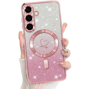 Bonoma Compatible with Samsung Galaxy S25 Plus Case Support for MagSafe, Plating Heart Glitter Magnetic Case TPU Camera Protection Back Cover for Phone Case -Pink