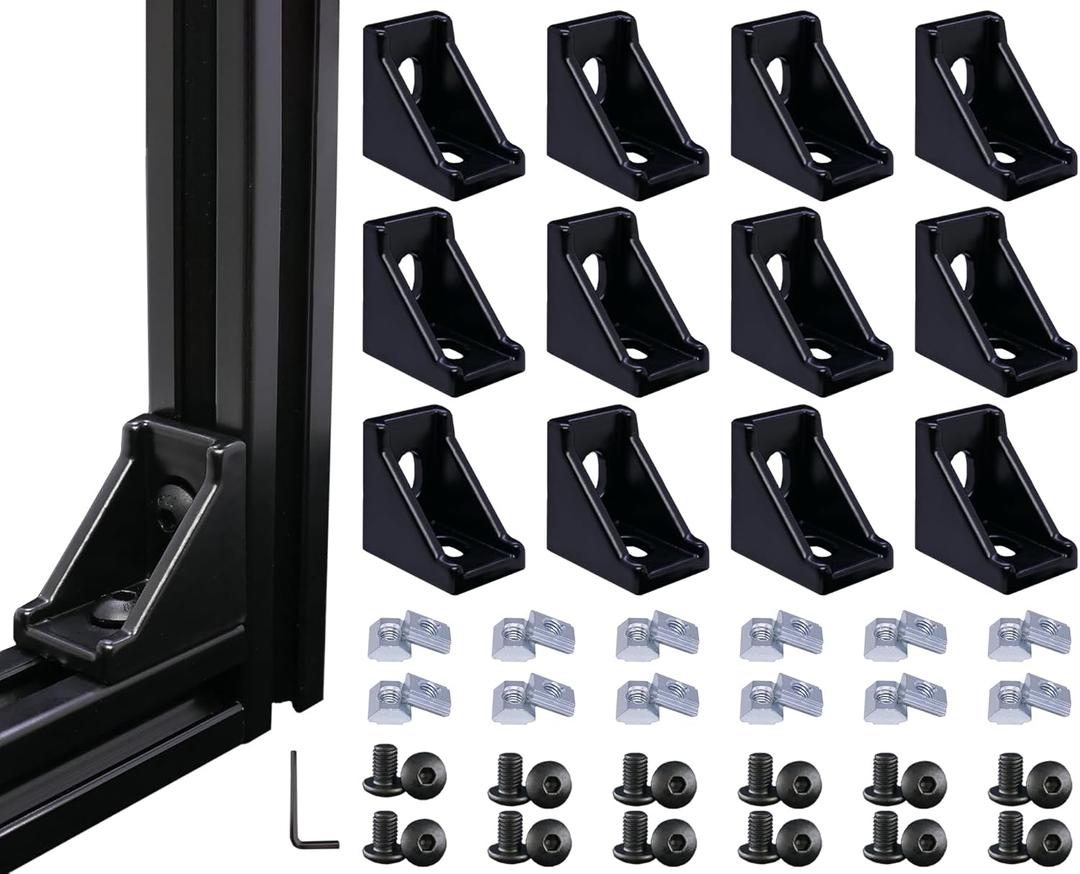 12 Sets 2020 Aluminum Extrusion Black Connectors,12pcs 2020 Series Corner Brackets,with 24pcs Sliding T Nuts and Screws, for Aluminum Extrusion Profile Slot 6mm
