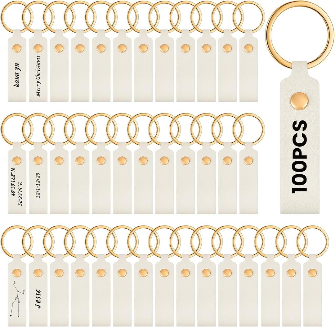 PU Leather Keychain Blanks Bulk Laser Engraving Blanks Keychain Kit with Key Rings for DIY Key Chains Craft (3.7 x 0.7 Inches, Ivory White)