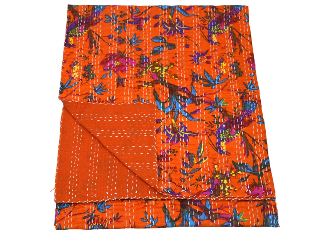 Quilts Indian Cotton Handmade Quilted Blanket Indian Cotton Floral Print Bedspread Kantha Work Bohemian Bed Decor Throw Blanket Twin/King/Queen