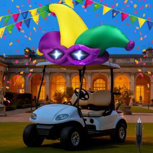 5 x 4 ft Large Inflatable Mardi Gras Golf Cart Decoration with LED Lights Outdoor Carnival Blow Ups Clown Hat for Golf Cart Car Decor Holiday Vehicle Accessories Yard Garden
