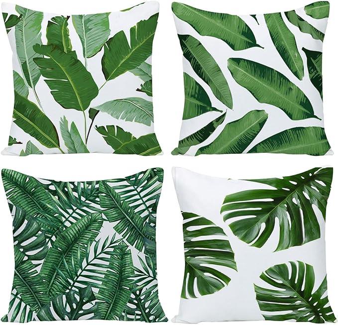 Pack of 4 Tropical Leaves Throw Pillow Cover Decorative Cotton Linen Burlap Square Outdoor Cushion Cover Pillow Case for Car Sofa Bed Couch 20x20 Inch