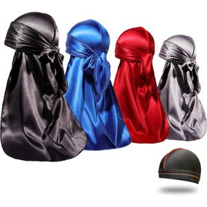 4PCS Silky Durags for Men Women 360 Waves with 1 Wave Cap, Silky Satin Durag Extra Long Tails (Black Blue Gray Red)