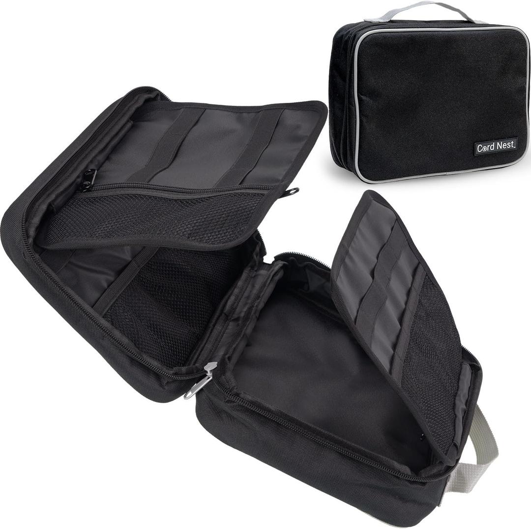 Cable Organizer Bag - Travel Cord Organizer Bag with Unique Flat Open Design - Foldable Electronic Organizer Travel Case for Cords, Chargers, Adapters (Black)