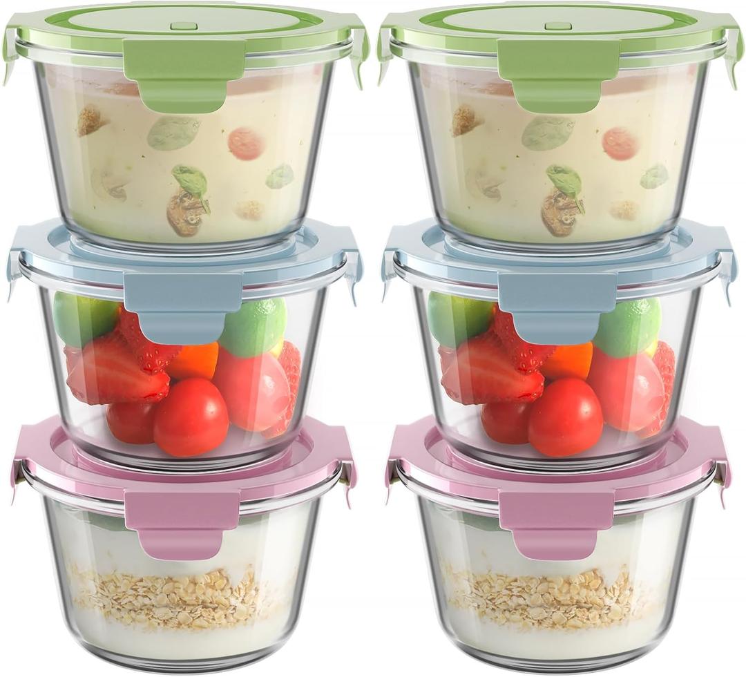 16oz Glass Meal Prep Containers with Lids, Airtight 2 Cup Glass Food Storage Containers Set, Heat-Resistant BPA-Free Container for Soup, Leftovers, Microwave, Oven, Dishwasher & Freezer Safe (6 Packs) (Multicolor)