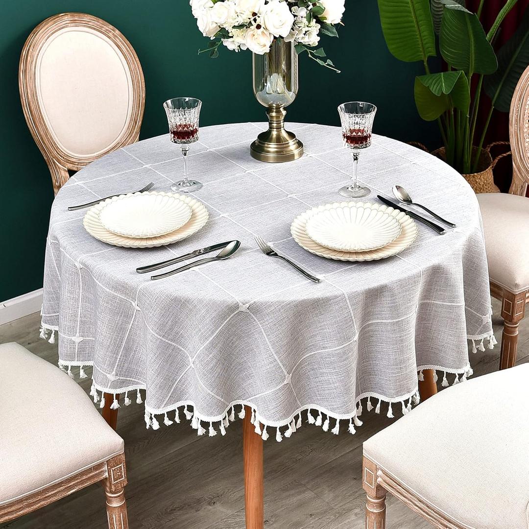 Plaid Farmhouse Gray Round Tablecloth 36 Inch Cotton Linen Heavy Weight Checkered Table Covers Cloths for Dining Room Kitchen Tabletop Decoration (Grey)