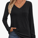 AUTOMET Womens Long Sleeve Shirts V Neck Casual Tops with Pockets Loose Dressy Basic Fall Outfits Clothes Winter Trendy 2025,S Size, Pack of 2 Black