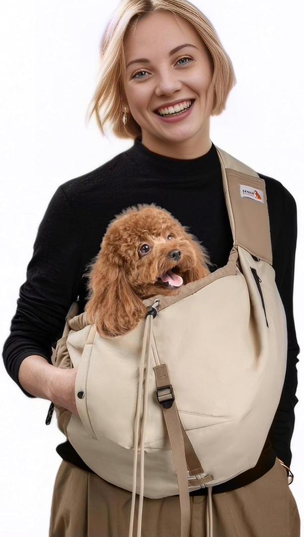 Dog Carrier Sling, Dog Carriers for Small Dogs & Cats Up to 20lbs,Puppy Carrying Backpack Pet Purse with Pockets, Adjustable Shoulder Strap, Hands Free for Travel (Beige)