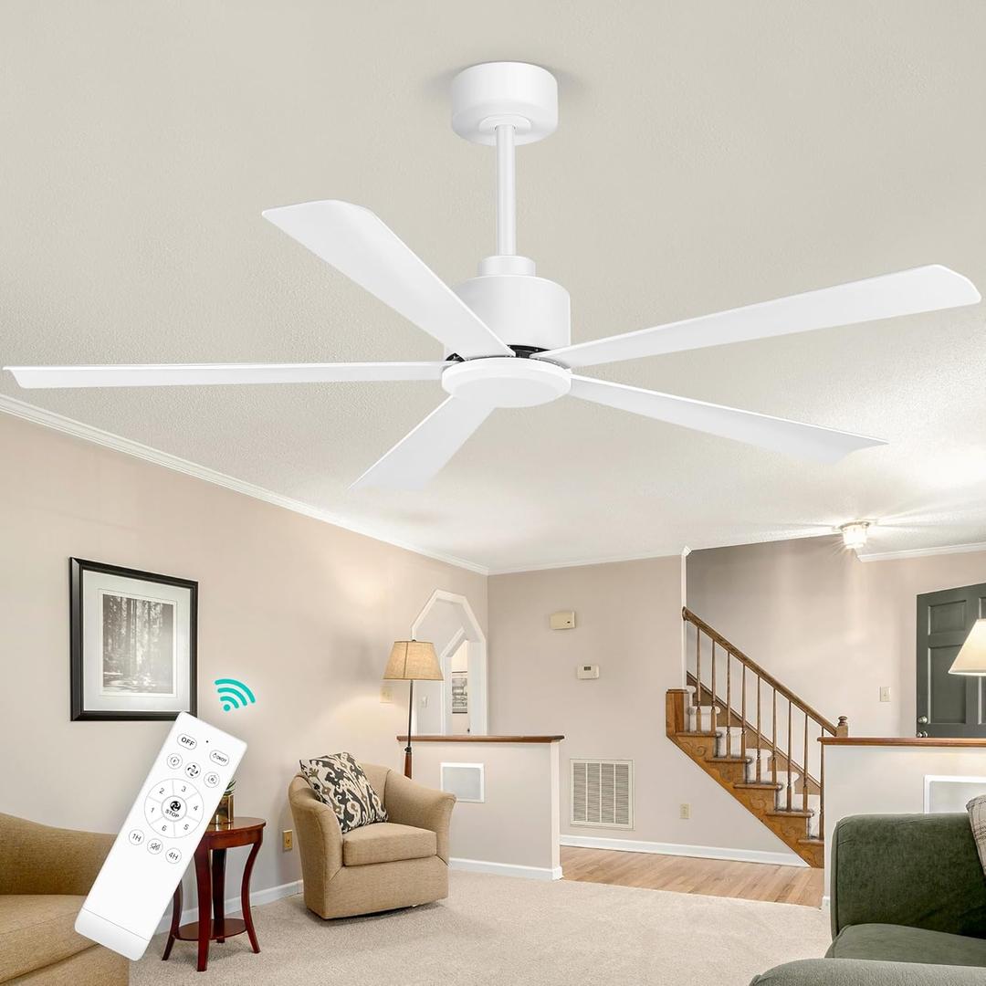 52 Inch 5 Blade Ceiling Fans without Light and Remote Control, Quiet Reversible DC Motor, 6-Speed, Industrial Ceiling Fan for Home Kitchen (White)