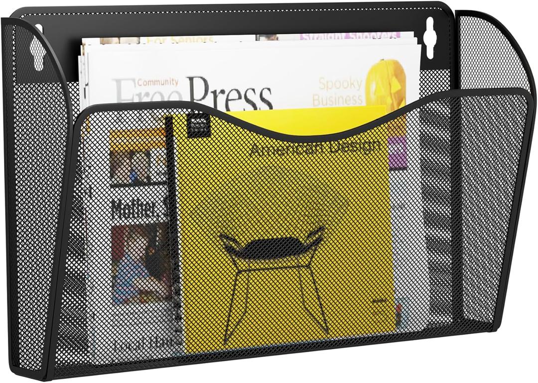 Single Pocket Wall File Holder, Mesh Hanging File Folder Paper Organizer, Vertical Wall Mounted Mail Basket, Storage Organization Magazine Rack for Office, Home and School, Black