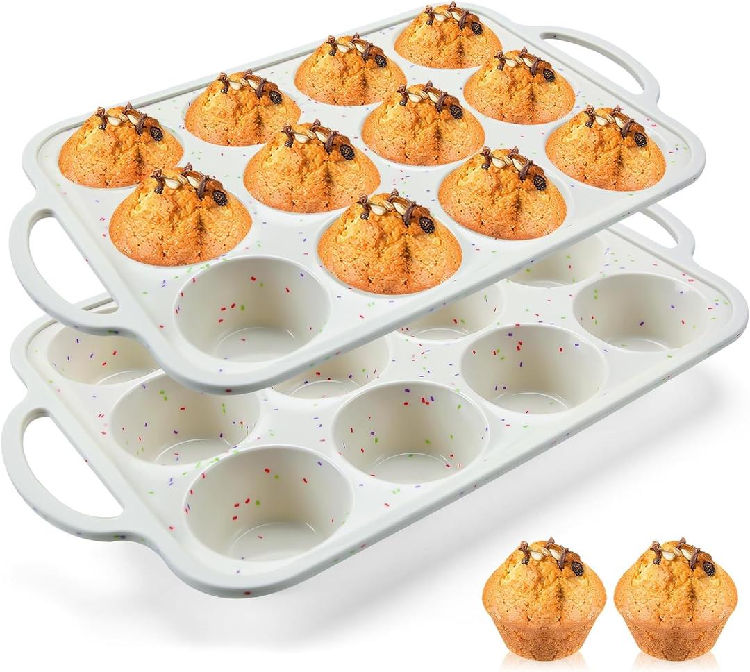 2Pack Silicone Muffin Pan for Baking with Metal Reinforced Frame, 12 Cup Regular Size Cupcake Pan, BPA Free Silicone Muffin Tray, Cupcake Baking Pan Molds for Oven Dishwasher Safe (Standard: 12 Cups2pack)