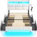 Rolanstar Twin Size Bed Frame with LED Lights and Charging Station, Upholstered Bed Storage Headboard & Drawers, Heavy Duty Wood Slats, Easy Assembly, White