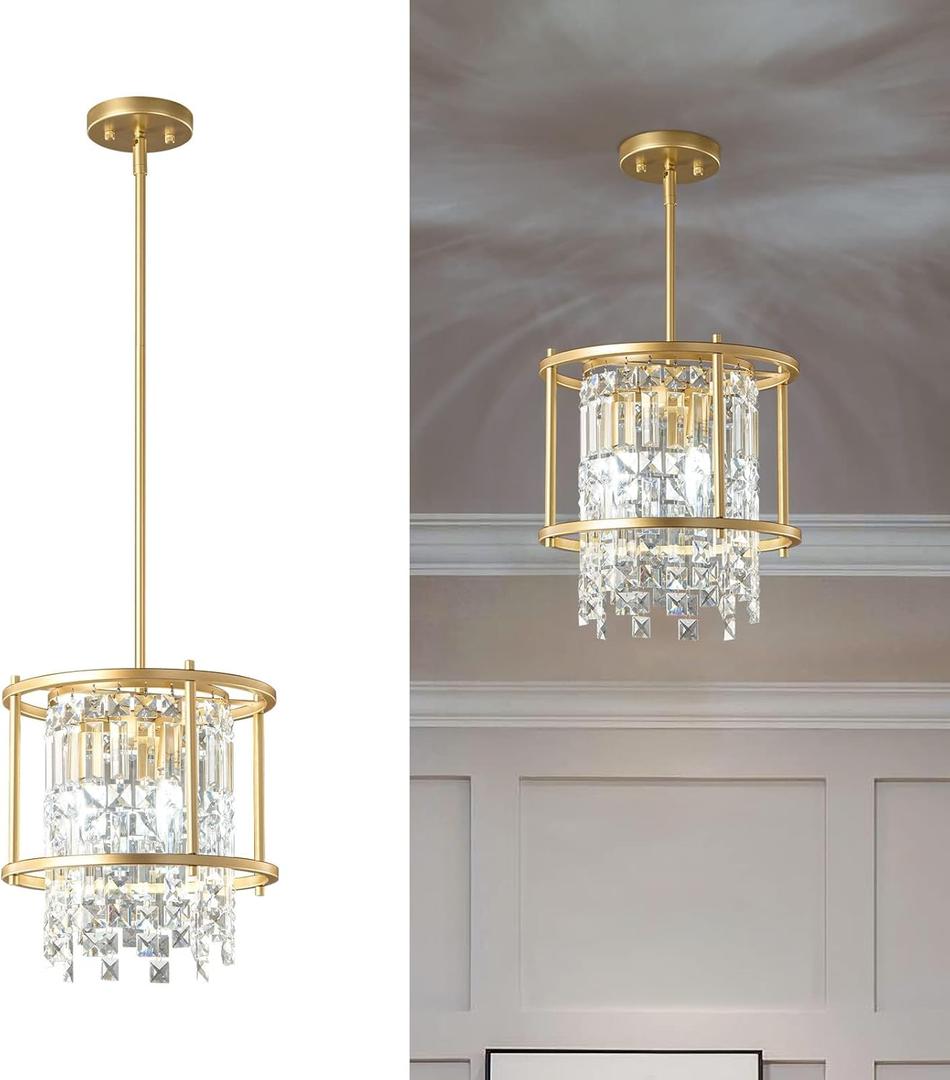 LMQNINE Modern Foyer Chandelier, Gold Crystal Chandelier Entryway Pendant Light Fixture, Round Adjustable Height Chandeliers for Kitchen Island, L11.81'' x H7.87''