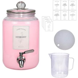 Large Liquid Laundry Detergent Dispenser with Spigots and Measuring Cups,108oz Leak-Proof Glass Fabric Softener,Reusable Glass Detergent Dispenser for Laundry Room Organizer and Storage(1)