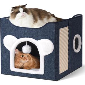 Cat Houses for Indoor Cats, Large Cat Cave with Fluffy Ball and Scratch Pad, Covered Cat Bed House, Foldable Cat Hideaway