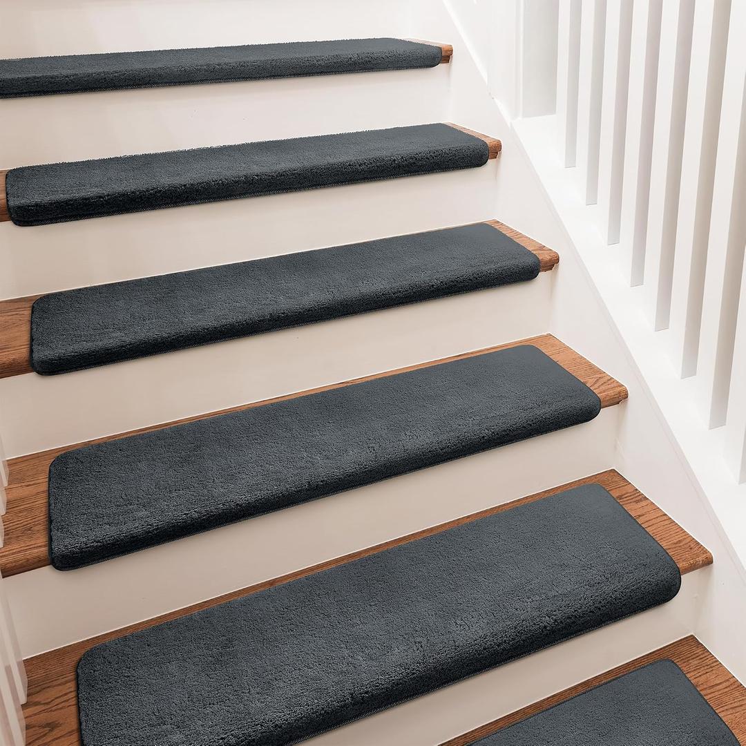 PURE ERA Carpet Stair Treads Ultra Plush 9.5" X 30"Soft Bullnose Indoor Stair Protectors Pet-Friendly Non-Slip Skid Resistant Tape Free Washable Reusable(7 Pieces,Dark Gray)