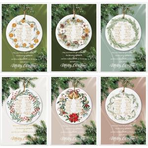 6 Set Christmas Christian Ornaments Religious Gift Bulk Bibles Verse Ornament Scripture Hanging Ceramic Inspirational Round Wreath Sign with Card for Church Family Sunday Xmas Tree (Stylish)