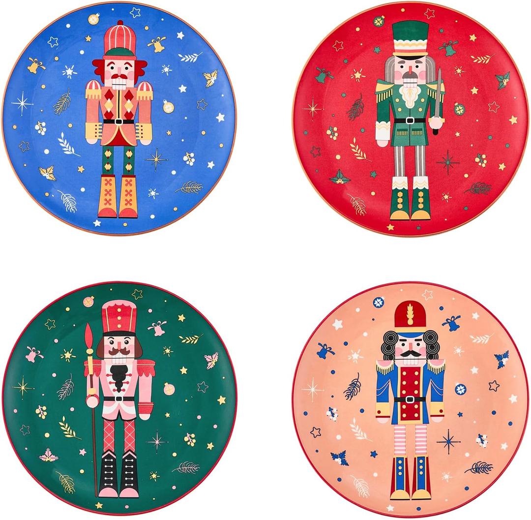 Bico Christmas Soldier Salad Plates Set of 4, 8.75 Inch Ceramic Dessert Plates for Salad, Appetizer, Side Dishes, Microwave and Dishwasher Safe, Gift for Housewarming and Christmas